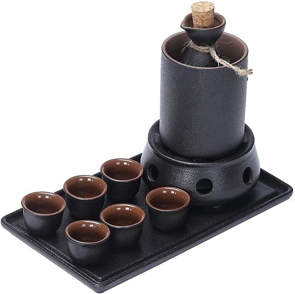 Sake Set Ceramic Sake Set Ceramic Sake Set with Tray, Traditional Pottery Hot Sake Drink, 10-Piece Include 1 Stove 1 Warming Bowl 1 Sake Bottle 1 Tray 6 Cup