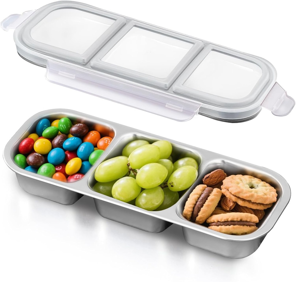 Ugotit Snack Containers Stainless Steel - Leakproof 3 Compartment Bento Box, Reusable Snackle Box with Airtight Lids, Dishwasher, Oven & Freezer Safe for Travel Picnics (20oz, Grey)