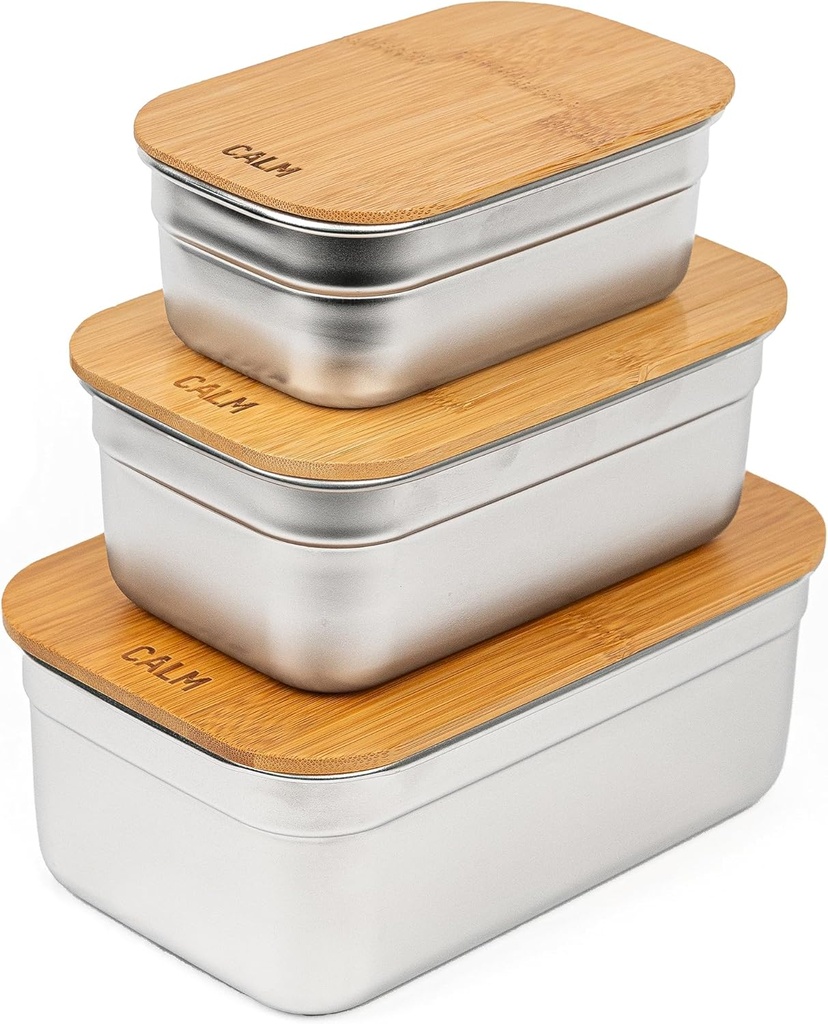 Stainless Steel Food Containers with Bamboo Cutting Board Lids | Set of 3 Reusable Meal Prep Boxes | Airtight Leak-Resistant | Dishwasher Safe | BPA-Free | 2, 4, 6 Cup Sizes