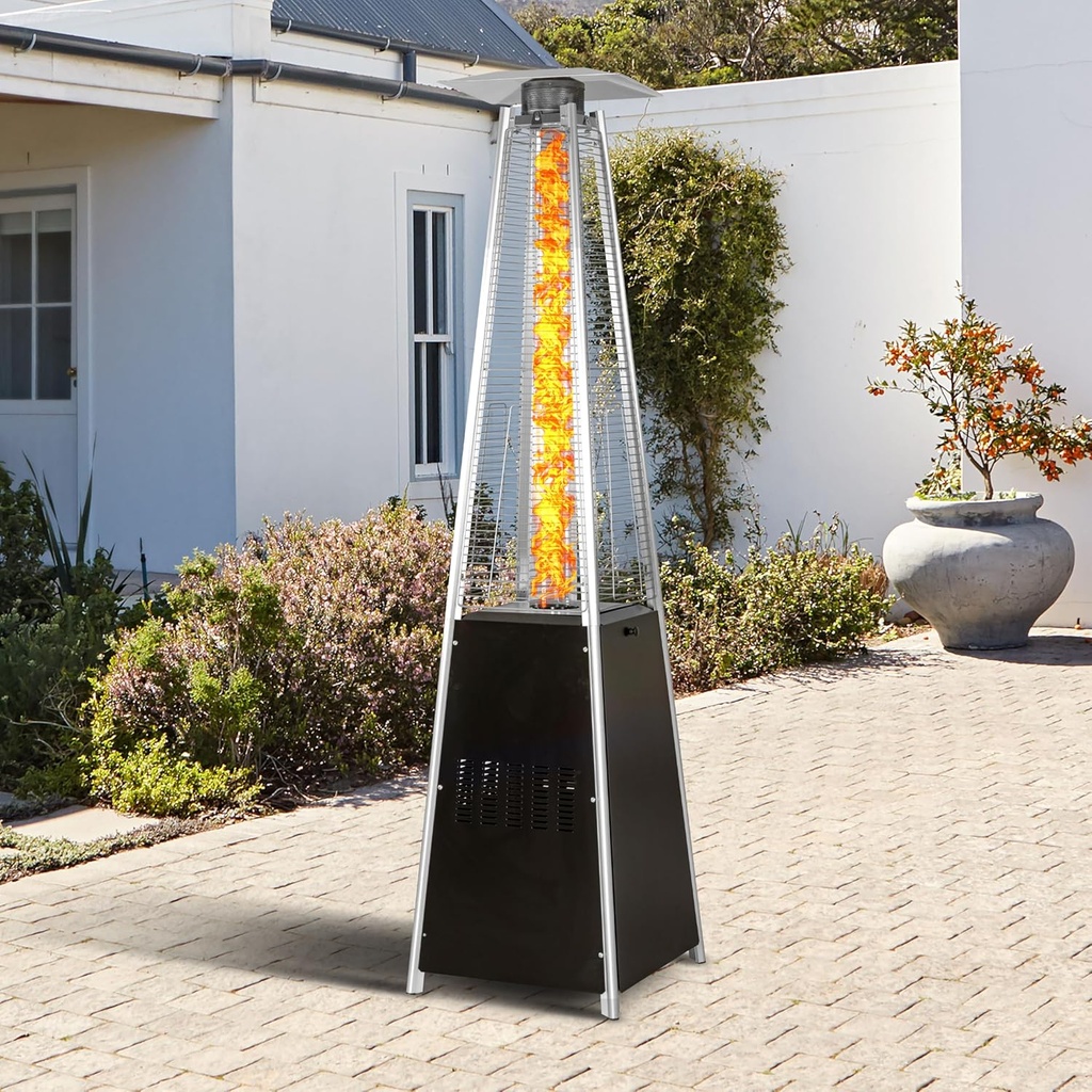 Nuu Garden Outdoor Propane Outdoor Heater, 48,000 BTU Pyramid Patio Heater with Wheels, Hammered Bronze Tower Propane Heater with Quartz Glass Tube for Terrace, Garden, Black