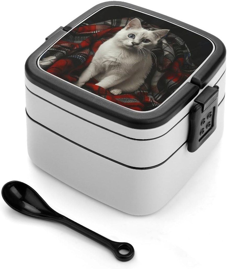 White Cat with Blue Eyes Bento Box Adult Lunch Box All-in-One Lunch Containers with Removable Compartments Double Layer Bento Lunch Box with Spoon And Handle Stackable Lunchbox