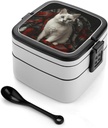 White Cat with Blue Eyes Bento Box Adult Lunch Box All-in-One Lunch Containers with Removable Compartments Double Layer Bento Lunch Box with Spoon And Handle Stackable Lunchbox