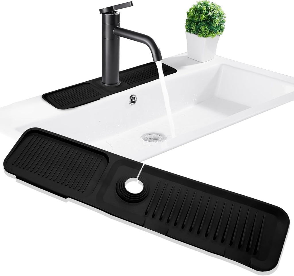 24inch Kitchen Sink Splash Guard, Silicone Faucet Handle Drip Catcher Tray Mat for Kitchen Sink Accessories Gadgets, Drying Mat for Kitchen Counter Bathroom (Black)