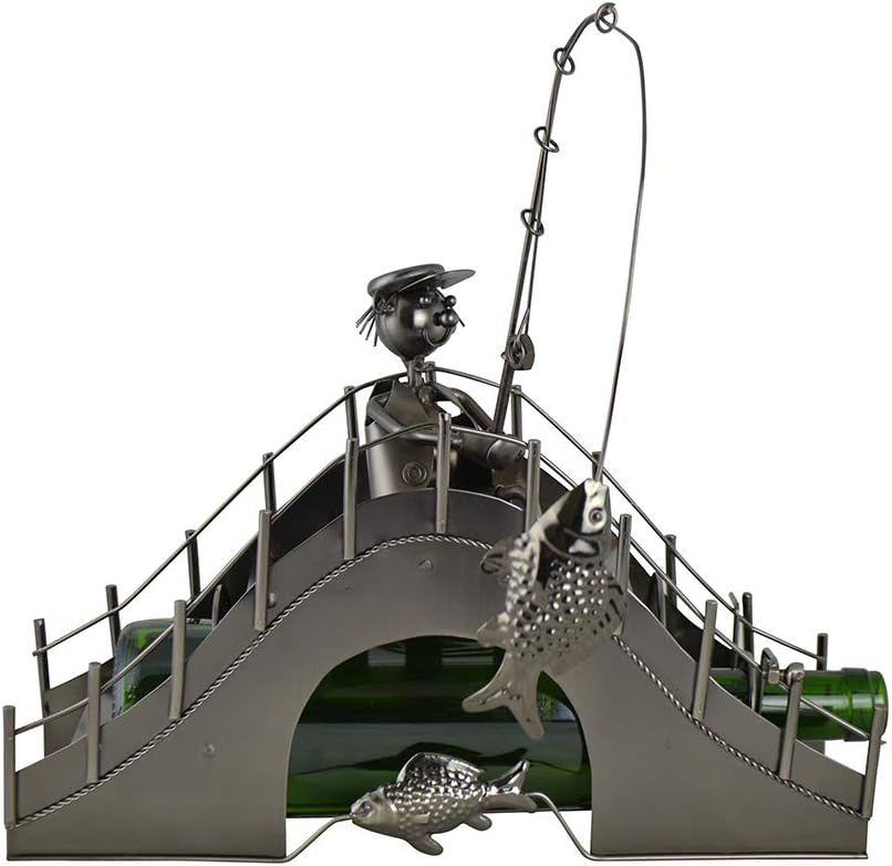 (D) Wine Bottle Holder Fisherman on Bridge Silver Decor for Wine Cellar Present