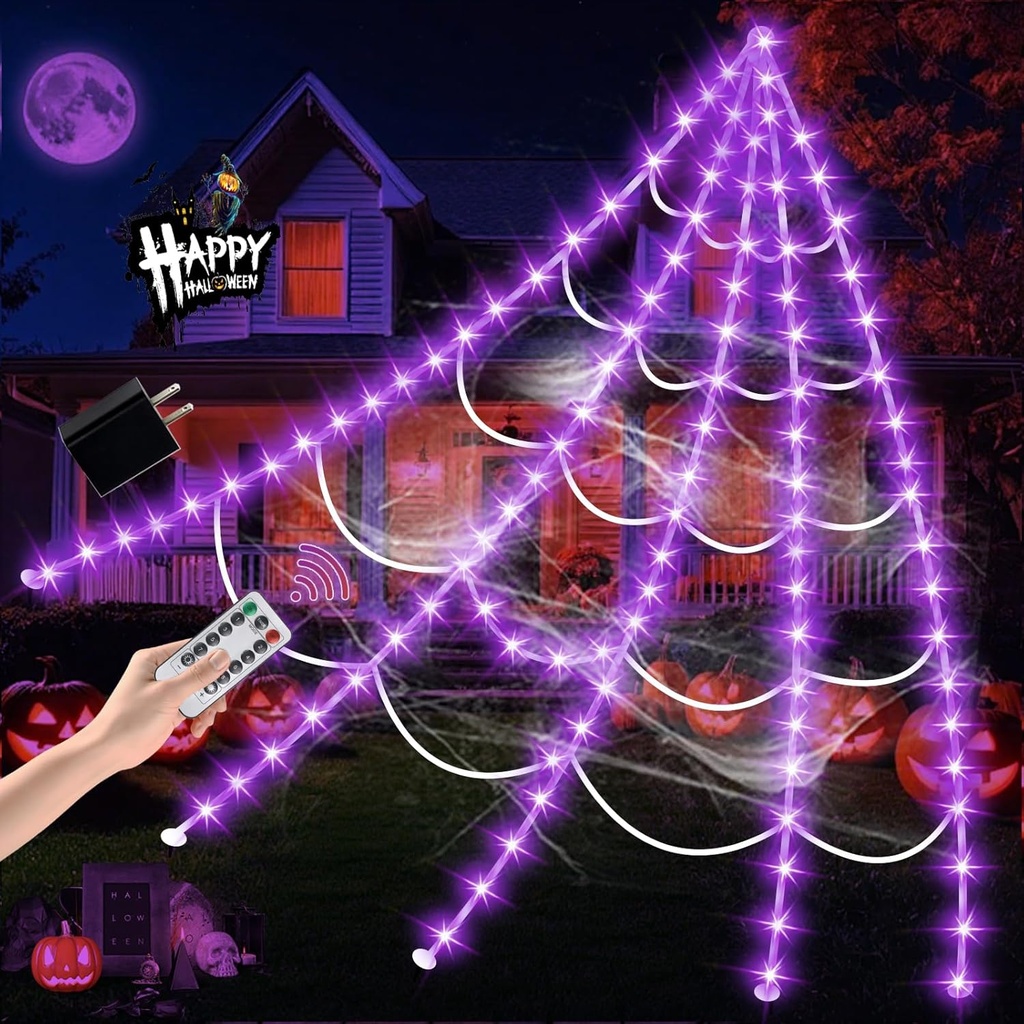 Halloween Decorations Outdoor, Spider Web Lights 250 LED Lighted Spider Web 16.4Ft Giant Halloween Decorations Light up, 8 Lighting Modes Waterproof & Timer for Indoor Haunted House Yard Decor, Purple