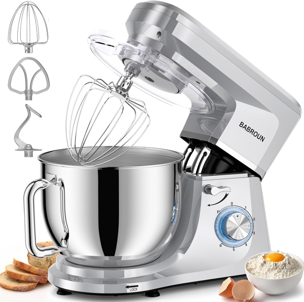 Dough Mixer 8.45 QT Electric Mixer - 660W 6 Speed Large Capacity Kitchen Stand Mixer with Whisk Dough Hook Mixing Beater Household Food Mixer for Baking Cakes Cookie Bread Salad (Silver)