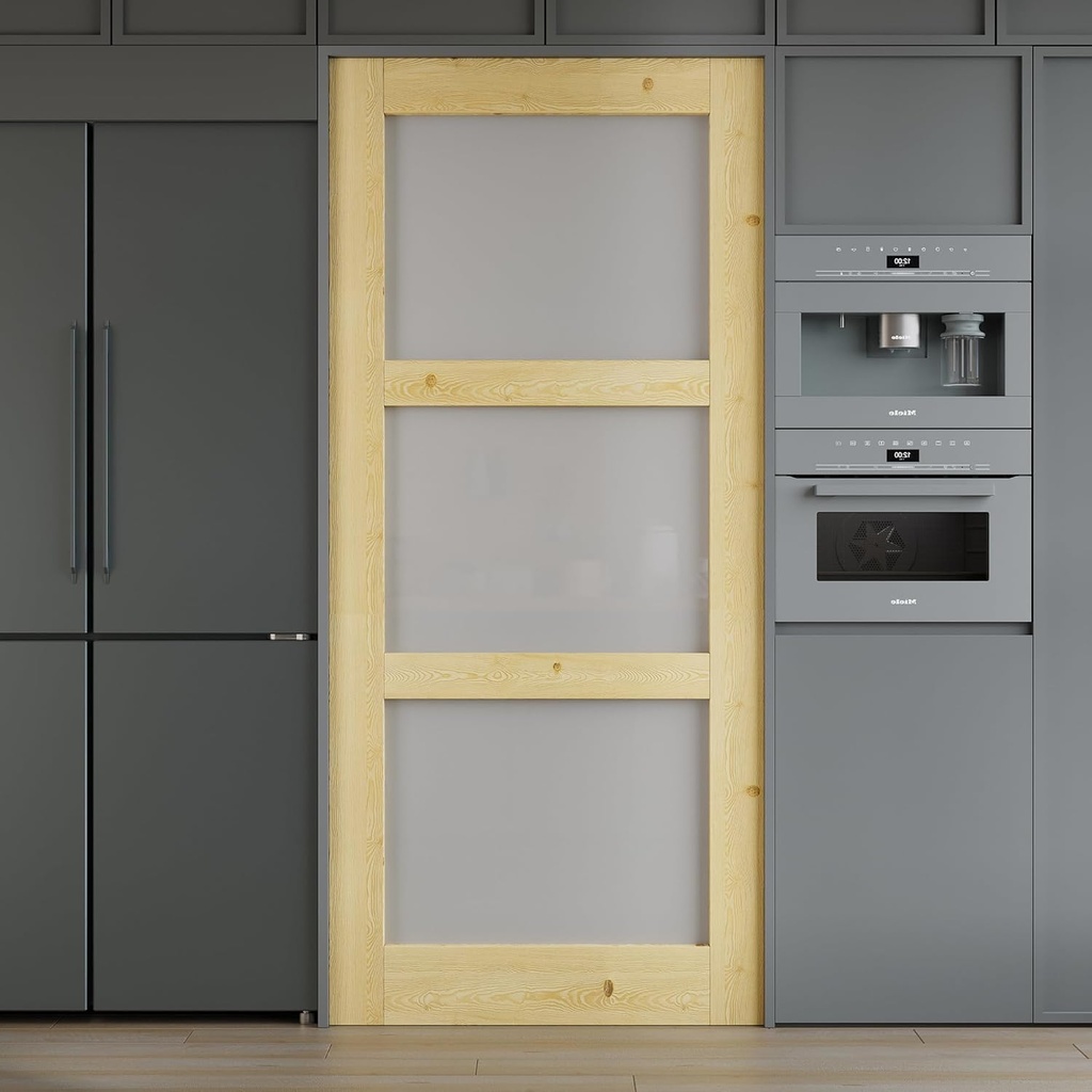 32x80 3-Panel Prebuilt Frosted Glass Wood Door Slab, Sliding Barn Wood Door with Glass, Interior Doors, Solid Natural Pine Panelled Slab, as Storage, Bedroom, Pantry, Laundry Room Doors