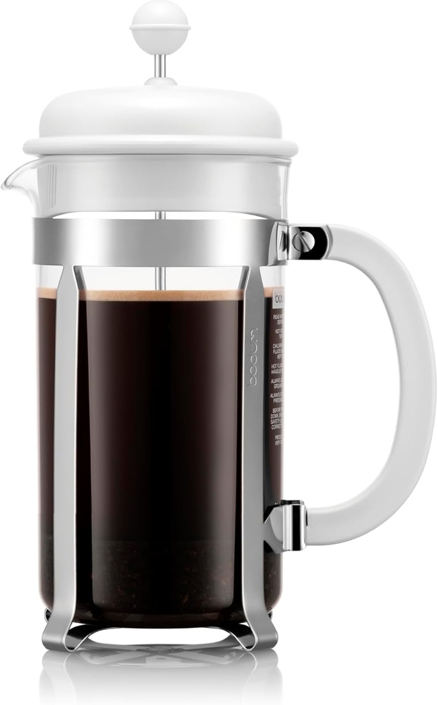Bodum 34oz Caffettiera French Press Coffee Maker with Reusable Stainless Steel Filter, BPA-Free Plastic Carafe, White