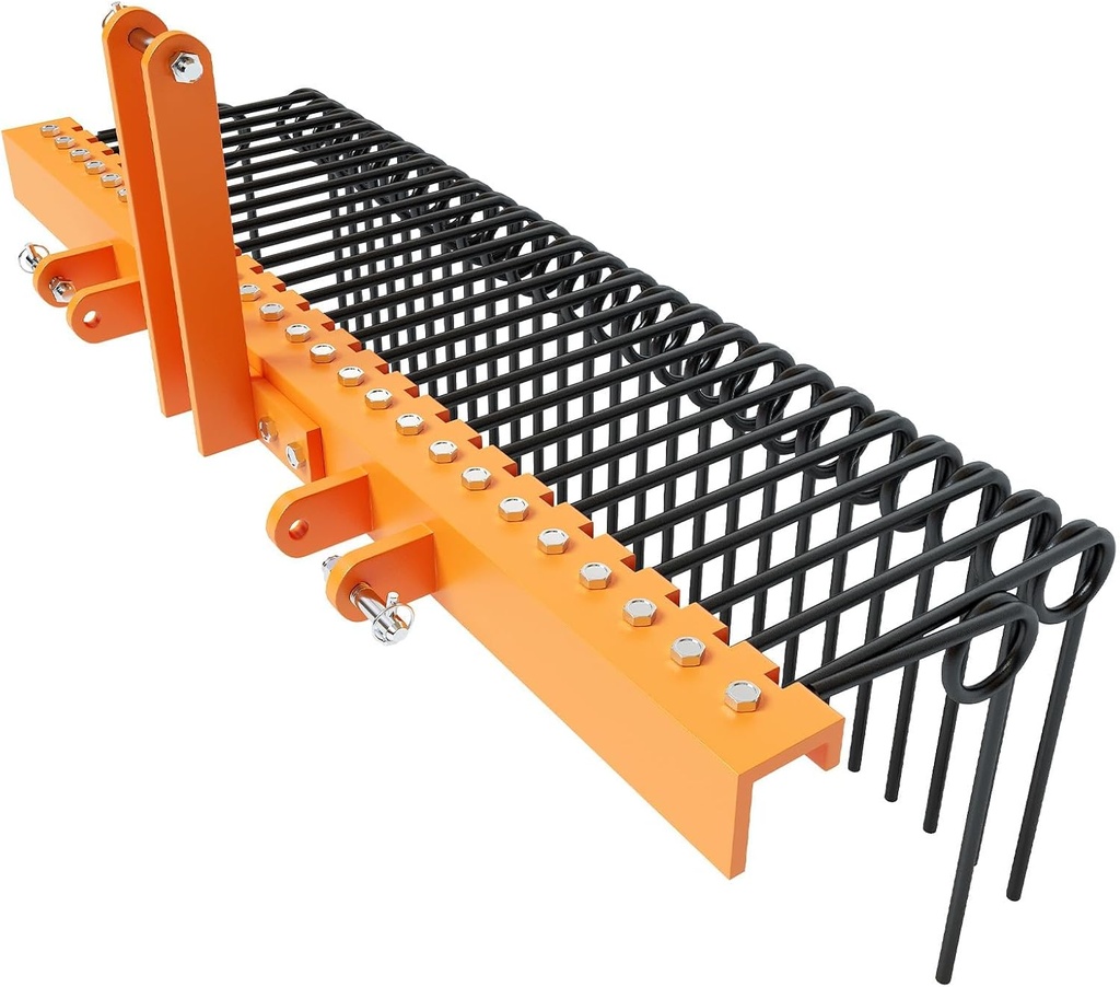 72 Inch 3 Point Tractor Rake, Pine Straw Needle Rake, Durable Powder Coated Steel Spring Landscape Rakes Fit for Cat0, Cat1, Orange