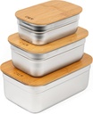 Stainless Steel Food Containers with Bamboo Cutting Board Lids | Set of 3 Reusable Meal Prep Boxes | Airtight Leak-Resistant | Dishwasher Safe | BPA-Free | 2, 4, 6 Cup Sizes