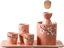 7 Piece Sake Set Japanese Sake Pot Set, Traditional Sake Cup Hand Painted Design Porcelain Pottery Ceramic Crafts Wine Glasses, Pink+White Plum