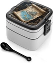 Pirate Map Bento Box - Double Layer, Leakproof Food Containers with Partition & Spoon, Stackable Lunch Box for Office, Travel, Camping
