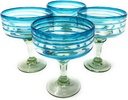 Mexican Hand Blown Glass Set of 4 Glasses with Aqua Spiral Design Blue Piece Handmade