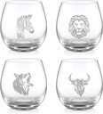 Joeyan Hand Blown Etched Stemless Wine Glasses,Carved Animal Themed Drinking Glass Cups,Engraved Wine Tumbler with Zebra Lion Wolf Cow Patterns,Funny Gift for Safari Lovers,4 Pack,15oz,Dishwasher Safe