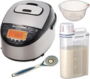 Tiger JKT-D10U Rice Cooker Bundle with Bamboo Spoon, Rice Washing Bowl with Side and Bottom Drainers, and Rice Container Bin (4 Items)
