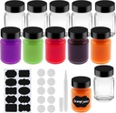 1 oz Juice Glass Shot Bottles with Black Lids & Labels and Pen, Wide Mouth Small Glass Bottles for Ginger, Leakproof Travel Mini Clear Jars for Wellness Shot, Ginger Shots (10)
