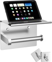 Tindbea Mega Size Toilet Paper Holder with Shelf + Towel Robe Hooks, Adhesive or Screw Wall Mounted Toilet Paper Roll Holder, Stainless Steel Bathroom Hardware Set (Brushed Nickel)