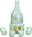 9 Pieces Sake Set, Celadon Wine Glasses Set with with Warmer and Candle Stove, Inlay Silver Dragon Cups, for Cold/Warm/Shochu/Tea, Best Gift for Family