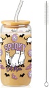 Honeydak Halloween Ghost Glass Cup 16 oz Funny Spooky Iced Coffee Tumbler with Bamboo Lid Straw and Brush Cute Halloween Cat Bottle Fall Glass Cup Gift for Women Birthday Family Party Decoration