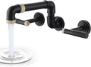 Wall-Mounted Tub Filler Black Gold Bathroom Tub Faucet High Flow with Two Handles Solid Brass, Long Spout Reach, Supported extendable and rotatable