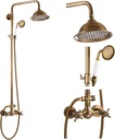 gotonovo Antique Brass Shower System 8 Inch Rainfall Shower Head Handheld Spray Double Cross Handle Bathroom Shower Faucet Wall Mount