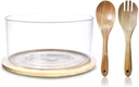 Large Glass Salad Bowl | 9" | 135oz-Centerpiece Serving Bowl with Dual Function Bamboo Lid- Extra Large Mixing Bowl with Wooden Spoon for Salads, Dessert, Fruit, Punch, Microwave & Dishwasher Safe