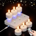 Rechargeable Flameless Tea Lights Candles with Charging Station 6Pcs Battery Tea Lights Candles with Remote & Timer LED Tealight Flickering Realistic for Home Christmas Wedding Decor - White