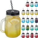 Relaxdays Drinking Glasses with Lid and Straw, Set of 20, 400 ml, Frosted Look, Summer Glasses with Handle, Colourful/Black
