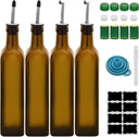 17oz 4 Pcs Olive Oil Dispenser Bottle,500ml Glass Oil and Vinegar Dispenser Set with 4 Stainless Steel Pourers, 8 Labels,Funnel Oil Bottles for Kitchen (Brown)