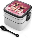 Dogs Wearing Sunglasses Bento Box Leak-Proof Double Layered Lunch Containers with Spoons And Invisible Handle, Portable Lunch Boxes for Work Picnic Travel