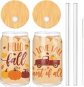 Whaline Hello Fall Drinking Glasses 16oz Fall Harvest Glass Cup Pumpkin Car Iced Coffee Cup with Bamboo Lid Glass Straw Cleaning Brush Gift for Autumn Thanksgiving Cocktail Whiskey Beer Soda, 2Pcs