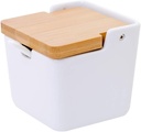 Porcelain Sugar Condiment Bowl-Spice Jar with Spoon Bamboo Flip Lid Serving Container for Stevia Honey, Practical Gift Kitchen Storage, 9.1 fl oz 270 ML, Square