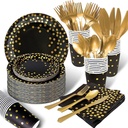 AIRE 350PCS Black Gold Paper Plates Party Supplies Dinnerware Sets for 50 Guests, Disposable Paper Party Plates, Dessert Plates, Cups, Napkins, Plastic Spoons, Forks, Knives for Wedding Birthday