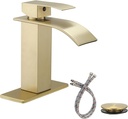 Gold Bathroom Faucet, Waterfall Bathroom Sink Faucet, Single Hole Deck Mounted Single Handle Lavatory Vanity with Pop Up Drain Parts Mixer Tap Basin Modern Bath Brushed Gold