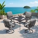 MELLCOM 5 Pcs Outdoor Dining Set, 4 Swivel Rocker Chairs with Thick Cushions & Square Dining Table with Umbrella Hole, Patio Furniture Set for Porch, Garden, Backyard, Poolside, Deck, Grey