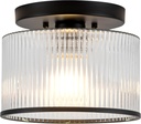 Glass Ceiling Light, Clear Ribbed Glass Ceiling Light Fixture with Black Metal Frame, Modern Semi Flush Mount Ceiling Light for Hallway, Bedroom, Bathroom, Entryway, Kitchen
