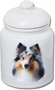 Best of Breed Sheltie Blue Merle Dog and Cat Ceramic Treat Jar 9" Tall Air Tight Seal All White