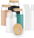 sungwoo Glass Cups with Lids and Straws, 4 Pack 16OZ Iced Coffee Cups with Silicone Sleeve, Glass Tumbler with Straw and Bamboo Lid, Home Essential Drinking Set for Juice, Cocktail and Latte 4 Colors
