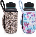 2Pack Reusable Neoprene Insulator Water bottle Carrier holder Sleeves with Handle for 32 Oz Wide Mouth Sport Water Bottle (Party Flamingo + Leopard print)