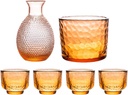 Glass Sake Set Japanese, Sake Pot Sake Cup Transparent Modern Used for Home Party and Great Gifts 4 Sake Cups +1Sake Pot + 1Vessel Cup for Heat Preservation (Orange A)
