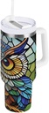30 oz Tumbler with Handle and Straw, Insulated Stainless Steel Travel Mug with Lid for Coffee, Iced Tea, Water, Gift for Men Women (Stained Glass Owl)