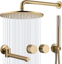 TRUSTMI Brushed Gold Shower System with Swivel Tub Spout, Wall Mounted 12" Rainfall Shower Set with Brass Rough-In Pressure Balance Diverter Valve and Trim Kit