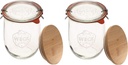Weck Jars - 33.8 fl. oz Weck Tulip Jars 1 Liter - Sour Dough Starter Jars - Large Glass Jars for Sourdough Suitable for Canning and Storage - (2 Jars, Glass Lids & Wooden Lids)