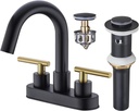 Bathroom Faucet, 3-Hole Black and Gold Vanity Faucet with Metal Sink Drain, 2-Handle 4-Inch Centerset