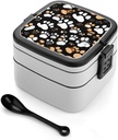 Dog Paw Print Bento Box Double-Layer Bento Lunch Container with Spoon And Invisible Handle Adult Leak-Proof Lunchbox for Dining Out Work Picnics Travel