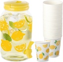 Lemon Plastic Drink Dispenser and 50 Pcs Lemon Paper Party Cups 1 Gallon Iced Beverage Dispenser Tea Jar with Spigot and Carrying Lid Clear Dispenser for Lemonade Stand Lemon Juice Tea Beer