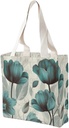 Canvas Tote Bag for Women Reusable Grocery Bag Elegant Teal Flower Shopping Bags Casual Shoulder Bag Handbag
