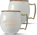 Custom Copper Moscow Mule with Smooth Painted Finish - Engraved Bar Style 100% Copper Cup with Personalized Ribbon Initial Family Monogram Theme Engraving, Brass Handle | 18 oz, White | Set of 2