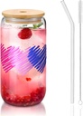 Bisexual Flag Hearts Love Lgbt Bi Pride 16 Oz Drinking Glasses With Bamboo Lids,Glass Straw And Cleaning Brushes Glass Tea Cup For Iced Coffee,Smoothie,Cocktail,Beer,Whiskey,Soda,Matcha