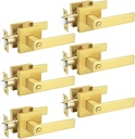 Probrico 6 Pack Gold Privacy Door Handles,Heavy Duty Satin Brass Door Knobs with Lock for Bedroom and Bathroom,Square Interior Keyless Locksets